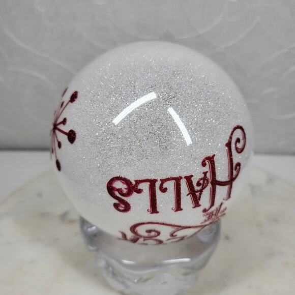 Vintage Deck the Halls Ornament 4.5” Red Glitter Script Handmade Glass - Picture 12 of 16